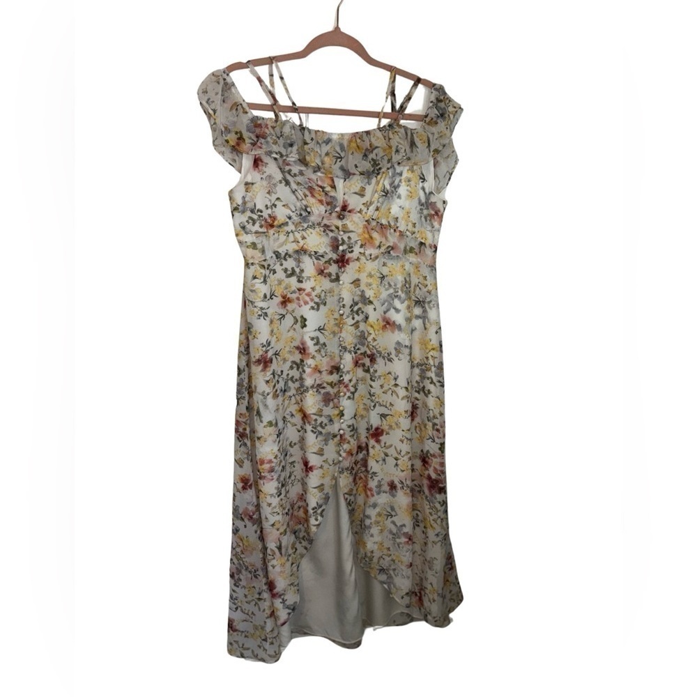 HOPE AND IVY MULTI STRAP COLD SHOULDER RUFFLE HIGH LOW MIDI FLORAL DRESS